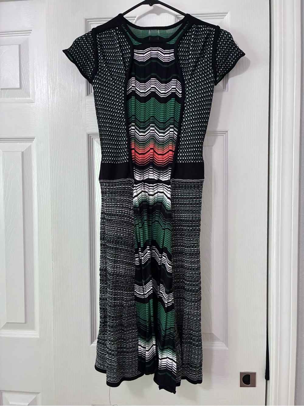 Missoni-Style Knit Green Midi Dress with Black Slip Lining | Size M